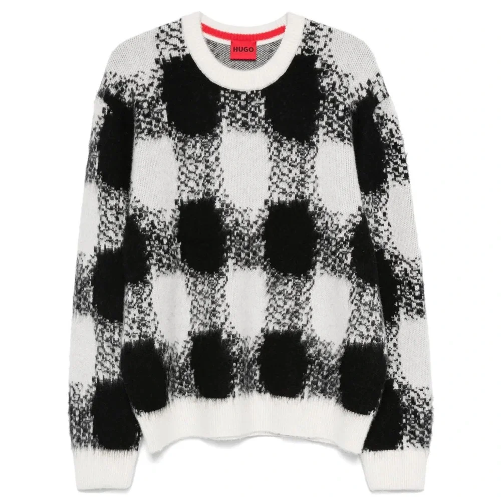 $589 HUGO Boss Shequer Wool Alpaca Blend Oversized Sweater‎ Black White Check XL